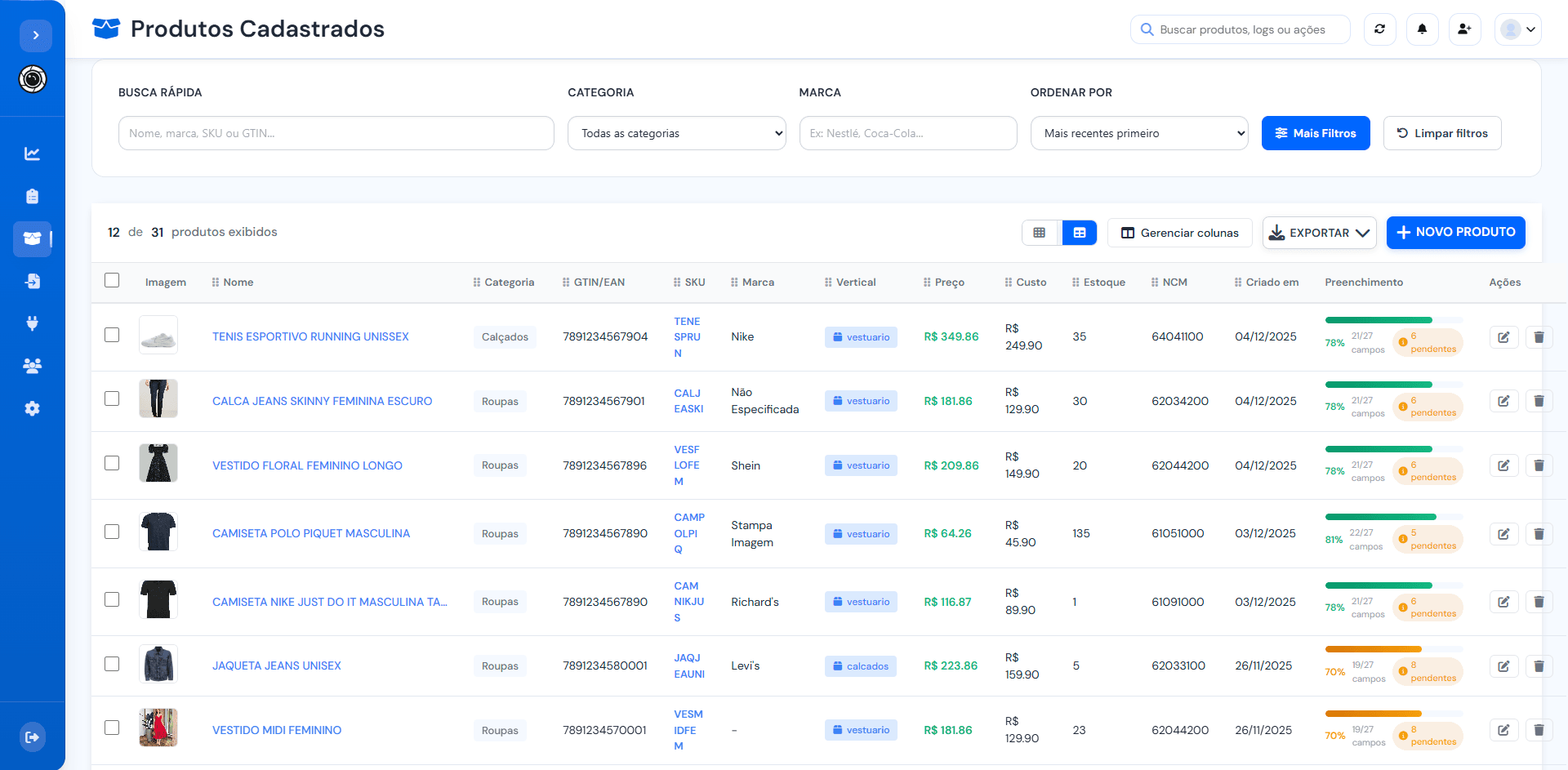 Tabela de produtos padronizada na CadVision